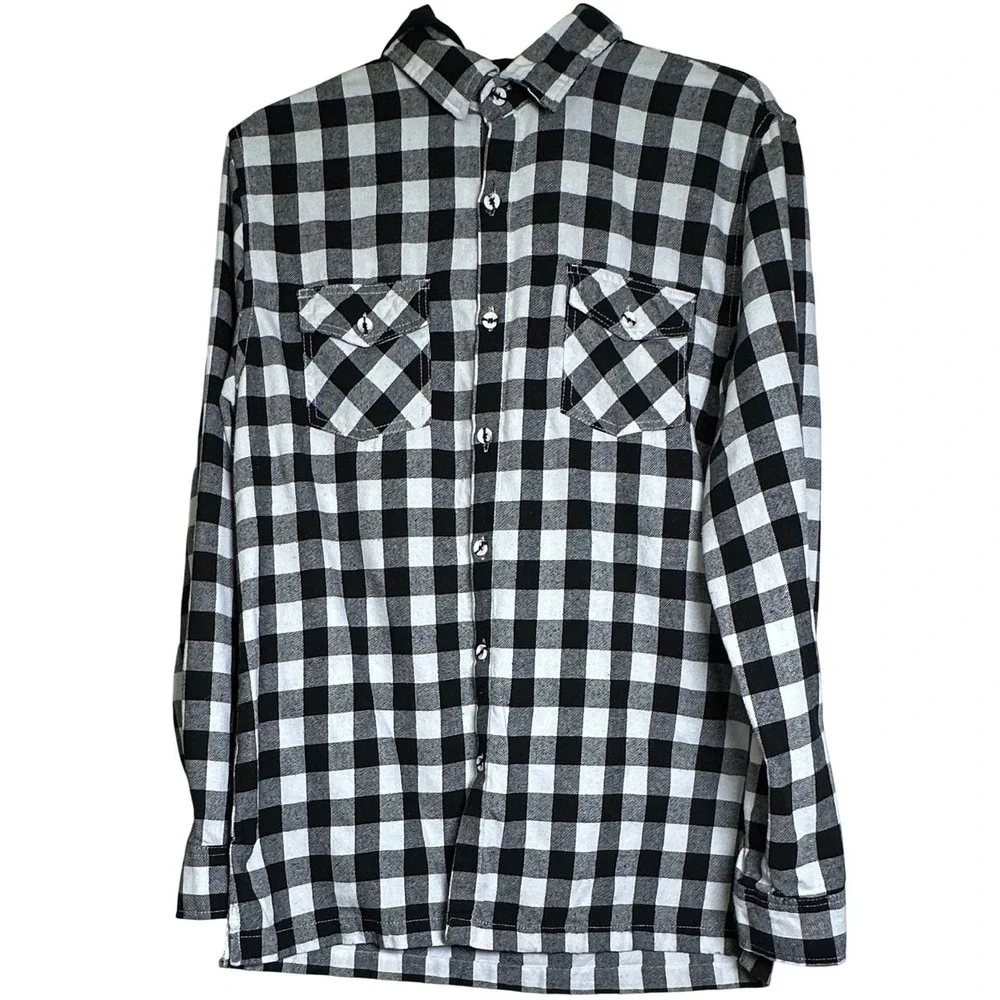 MONUMENT Mens Flannel Shirt Hooded Buffalo Plaid Black/White Lg‎ Cozy Streetwear